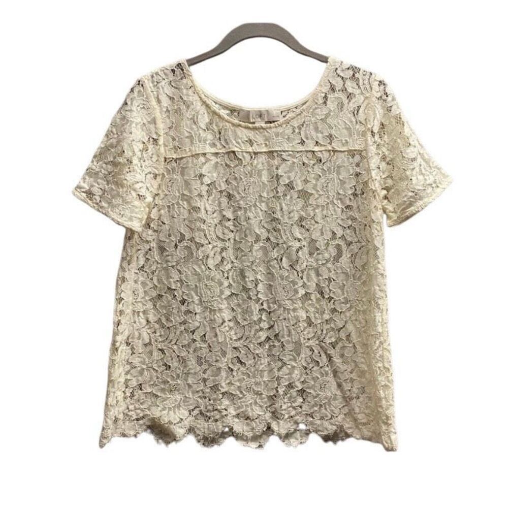 Ann Taylor loft, women’s ivory floral, print lace top xs/ps
